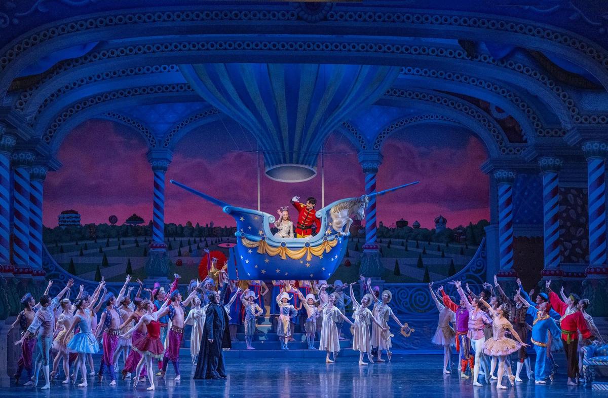The hot air balloon that lifts performers above the stage is one of the many oversized props in the Kansas City Ballet’s “The Nutcracker” that must be operated with precision during the production.