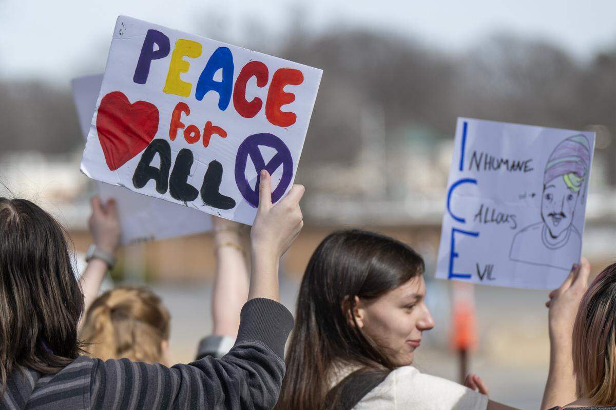 Students at Shawnee Mission North High School marched in protest of ICE and the Trump administration along Johnson Drive on Wednesday, February 11, 2026, in Overland Park.