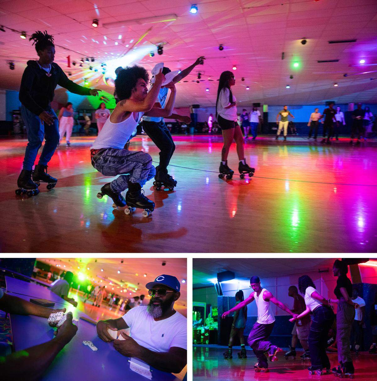 TOP; Bishop Hill, center, skates past a group at Winnwood Skate Center during an adult night skate session. BOTTOM LEFT; Gee Smith, right, plays dominoes rinkside with friend T-Bone at Winnwood Skate Center. The men play nearly every Sunday during adult night. BOTTOM RIGHT; Snappin’ involves an active skater relying on a partner for support. The partner holds out an arm as an anchor, as the active skater shows off their moves.