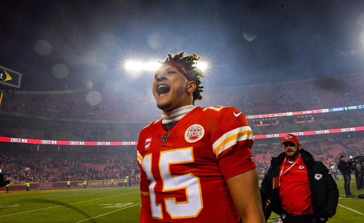 Kansas City Chiefs quarterback Patrick Mahomes celebrated after leading the Chiefs to a 51-31 victory over the Houston Texans in the AFC Divisional Round playoff game Sunday, January 12, 2020, at Arrowhead Stadium.