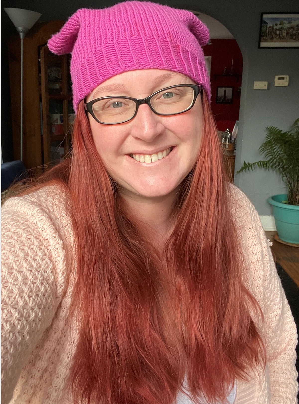 Angela Huntington is a Planned Parenthood abortion patient navigator based in mid-Missouri. She wore her pink hat at the Women’s March in Washington after the Texas Heartbeat Act passed.