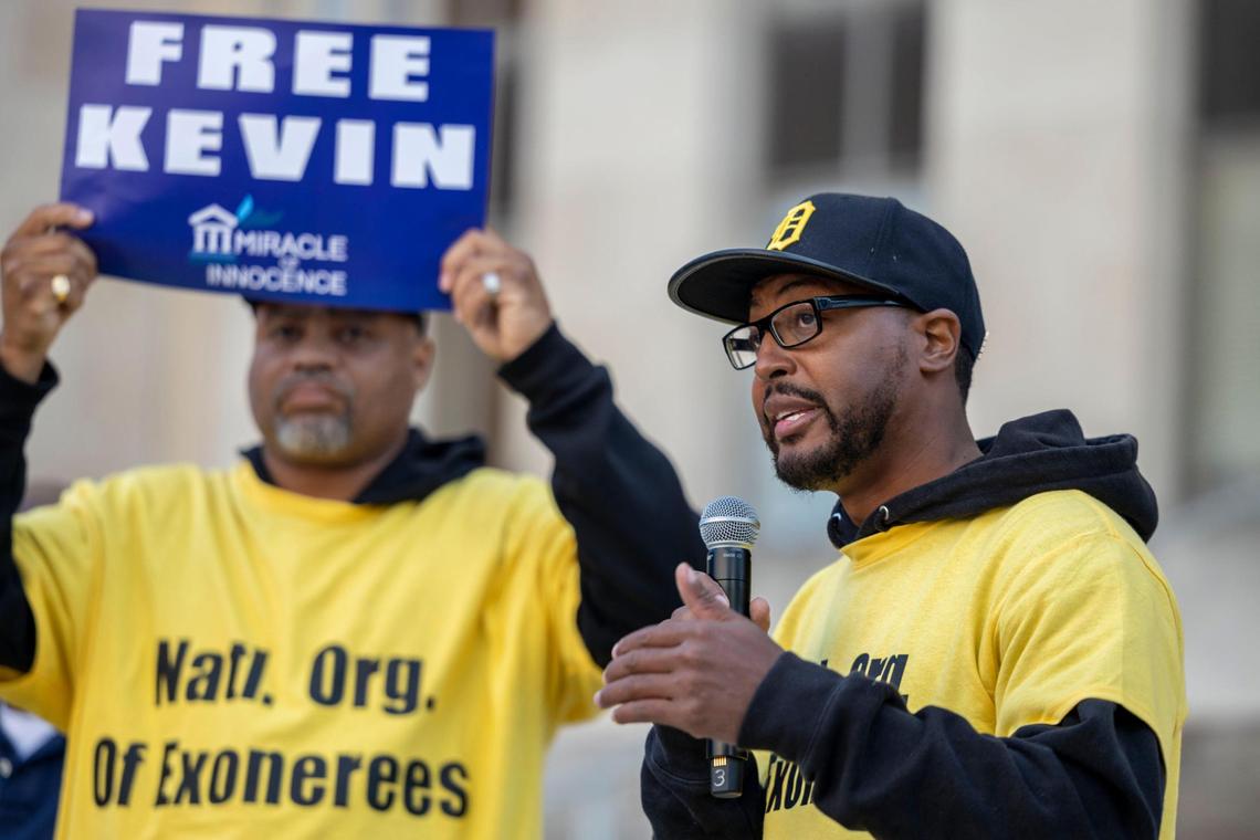 Kenneth Nixon, founder and chairman of The National Organization of Exonerees, speaks at a rally for Kevin Strickland’s release at the Jackson County Courthouse on Saturday, Nov. 6, 2021.