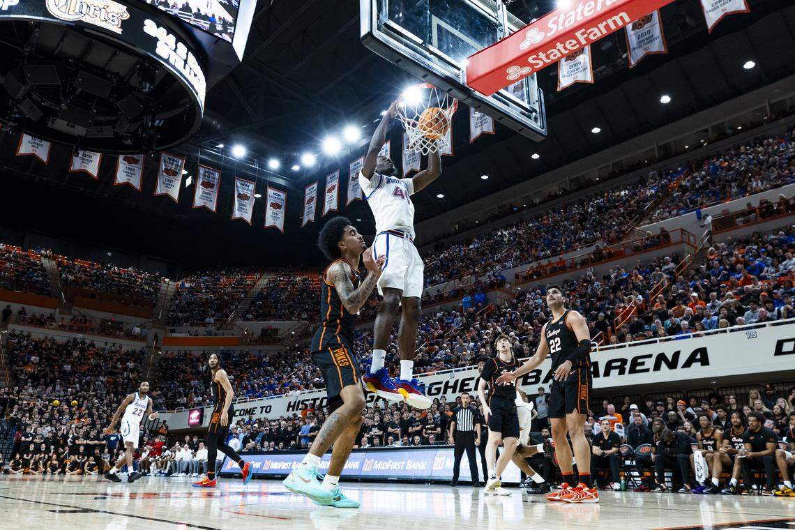 Kansas Jayhawks big man Flory Bidunga, No. 40, throws down a dunk during a Big 12 men’s basketball game against the Oklahoma State Cowboys at Gallagher-Iba Arena in Stillwater, Oklahoma, on Wednesday, Feb. 18, 2026.