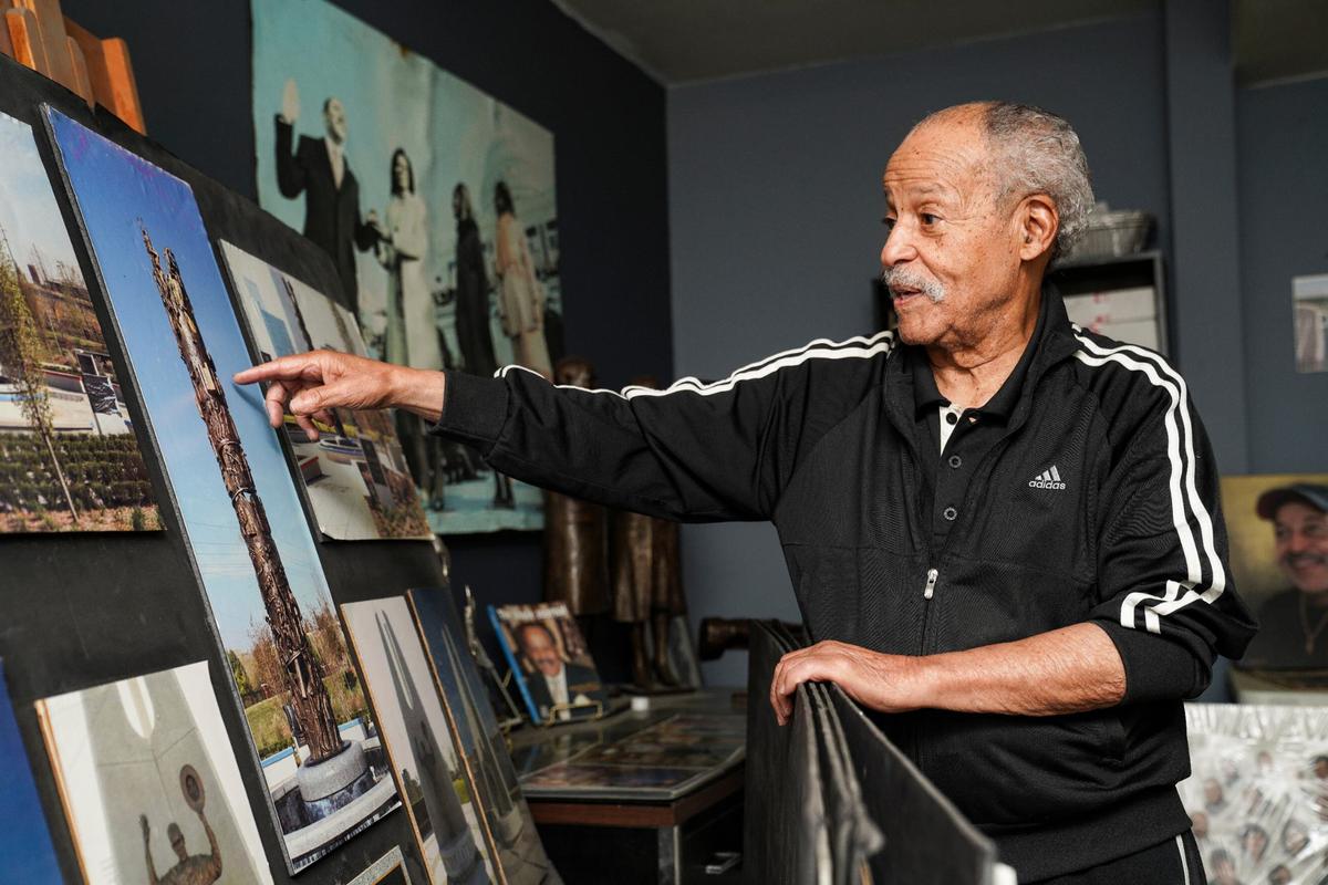 In his studio, Dwight spoke about one of the 132 large-scale memorials and public art pieces he has created: the “Tower of Reconciliation,” part of the Tulsa Race Riot Memorial.
