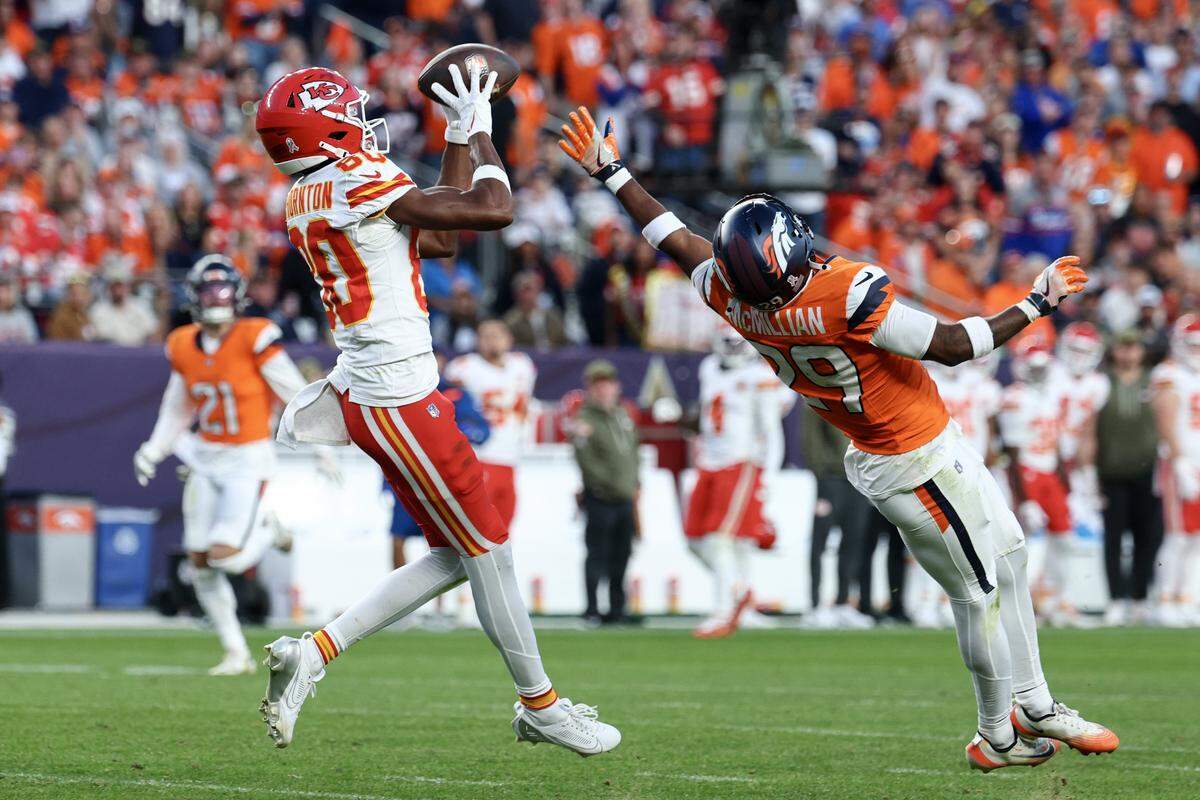 Kansas City Chiefs wide receiver Tyquan Thornton makes a catch against the Broncos during an NFL Week 11 game at Empower Field At Mile High in Denver on Sunday, Nov. 16, 2025.