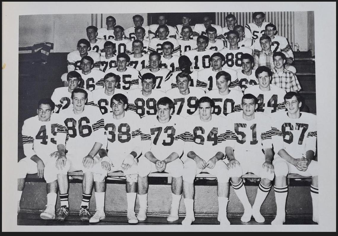 Robert Gross appears in a Bishop Hogan High School football team photo — in the fourth row, first from the left — in the 1968 yearbook, Rampage. As an adult, Gross became a suspect in four homicides but was not charged in any of them. Kansas City Mayor Sly James was also on the football team and appears in the third row, fourth from the left.
