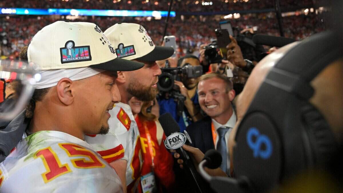 Chiefs tight end Travis Kelce celebrates with quarterback Patrick Mahomes after defeating the Eagles 38-35 to win Super Bowl LVII on Sunday, Feb. 12, 2023.