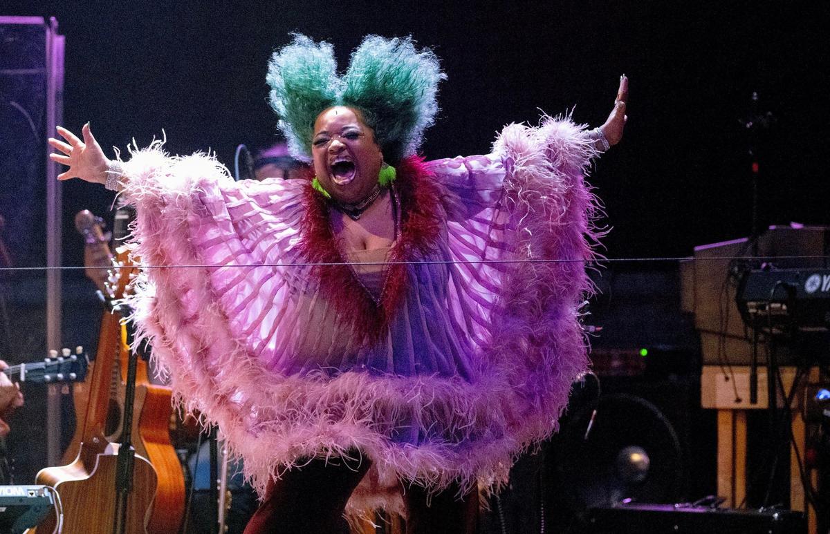 Shon Ruffin, wearing a costume design by Sully Ratke, performs as the voice of Audrey II during the final dress rehearsal.