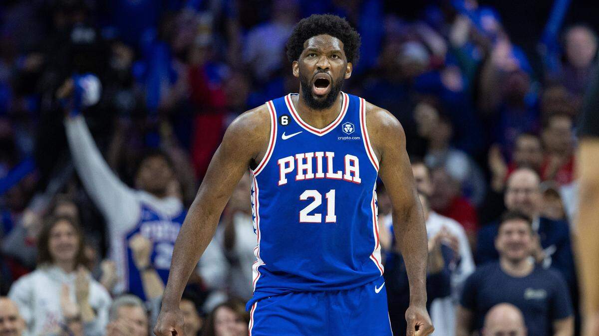 Philadelphia 76ers center Joel Embiid (21) reacts after a score against the Brooklyn Nets during Game 2 of the 2023 NBA playoffs at Wells Fargo Center on April 17, 2023.