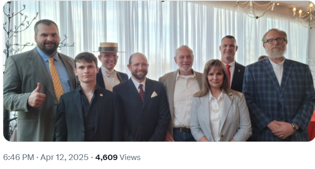Eight Jan. 6 defendants were special guests at the Lincoln-Reagan Day Dinner hosted by the Jackson County Republican Party on April 12. From left: Will Pope, Angelo Pacheco, Isaac Yoder, Cale Clayton, Steve Dragoo, Kim Dragoo, Chris Kuehne and William “Billy” Chrestman.