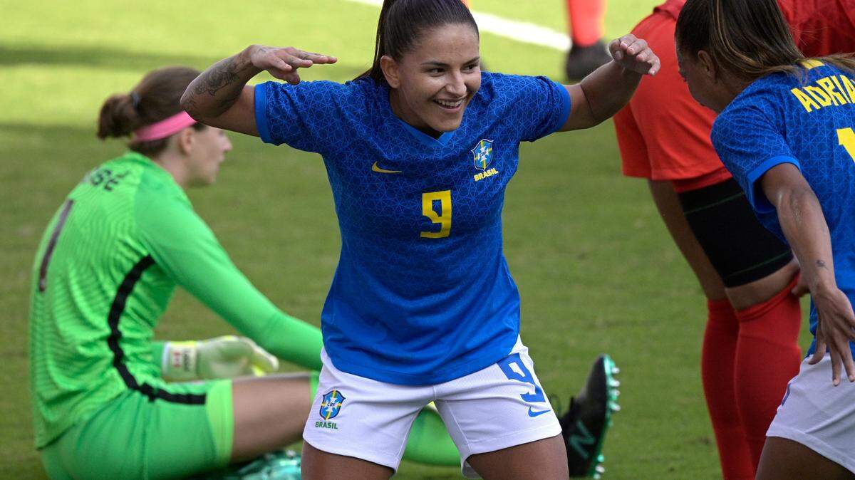 Brazil forward Debinha (9) celebrates after scoring a goal past Canada goalkeeper Stephanie Labbe (1) during the first half of a SheBelieves Cup women’s soccer match, Wednesday, Feb. 24, 2021, in Orlando, Fla.