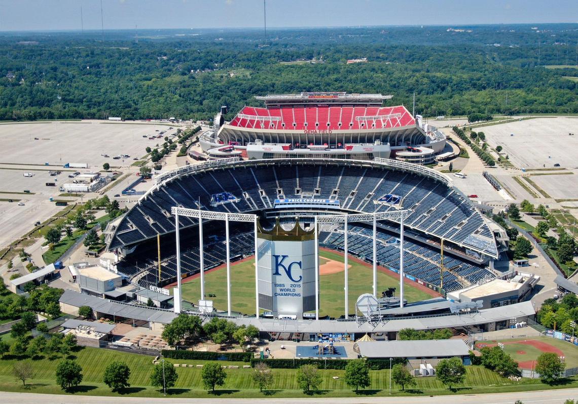 A drone photo of Kauffman Stadium in Kansas City.