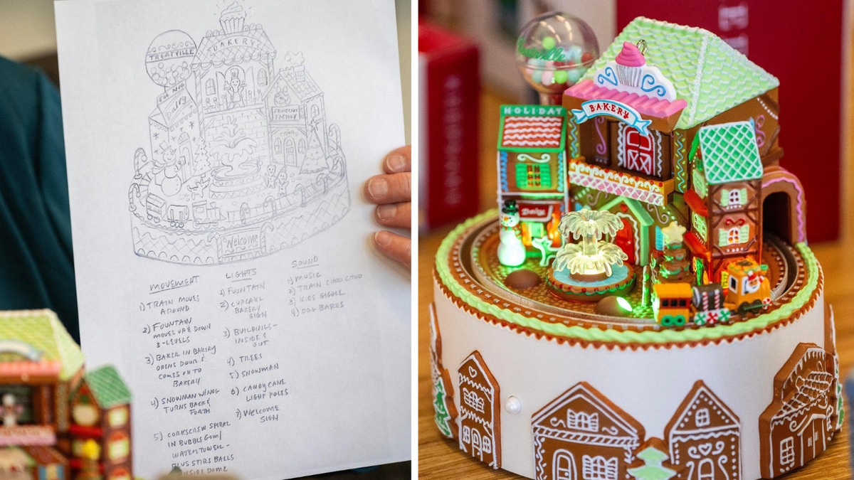 Artist Sharon Visker shows her sketch of the Gingerbread Village Musical ornament, left, and the finished ornament, right, at Hallmark headquarters in Kansas City.