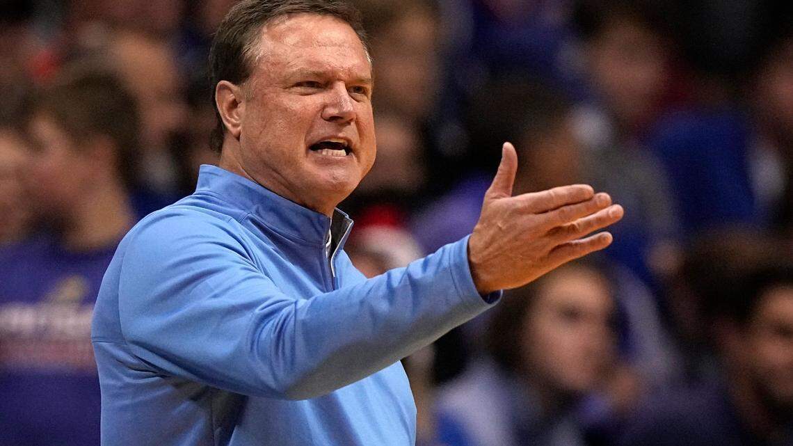 Kansas head coach Bill Self talks to his players during the second half against Stephen F. Austin on Saturday, Dec. 18, 2021, in Lawrence.