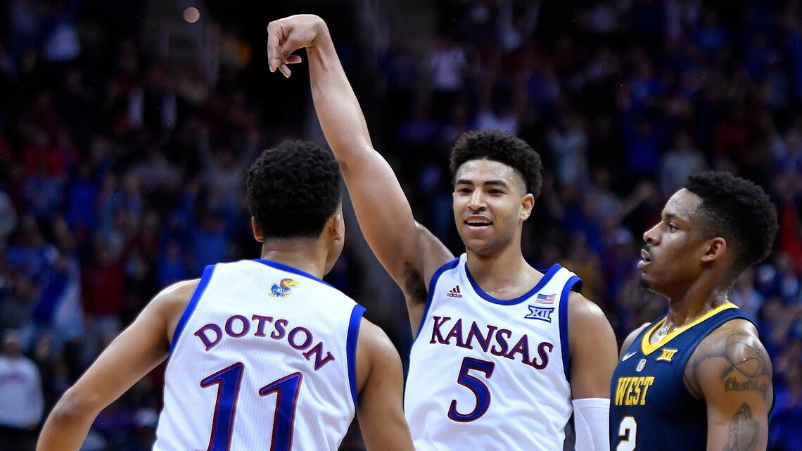 KU freshman Grimes hits five threes then cramps up in Big 12 semifinal win over WVU