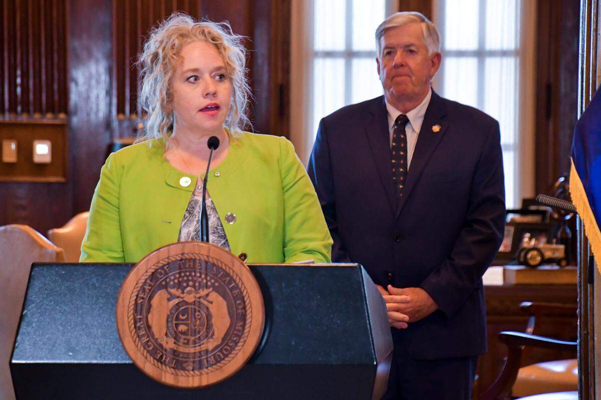 Jennifer Tidball, former acting director of the Department of Social Services, spoke at a news conference with Gov. Mike Parson on June 16, 2020.