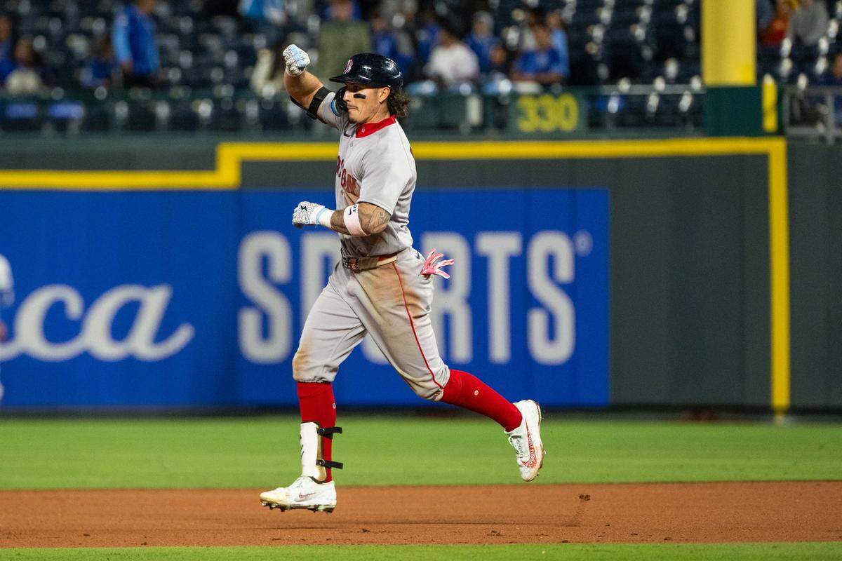 Boston Red Sox left fielder Jarren Duran circles the bases after hitting a home run in the ninth inning of a game against the Kansas City Royals on Tuesday, May 19, 2026, at Kauffman Stadium.
