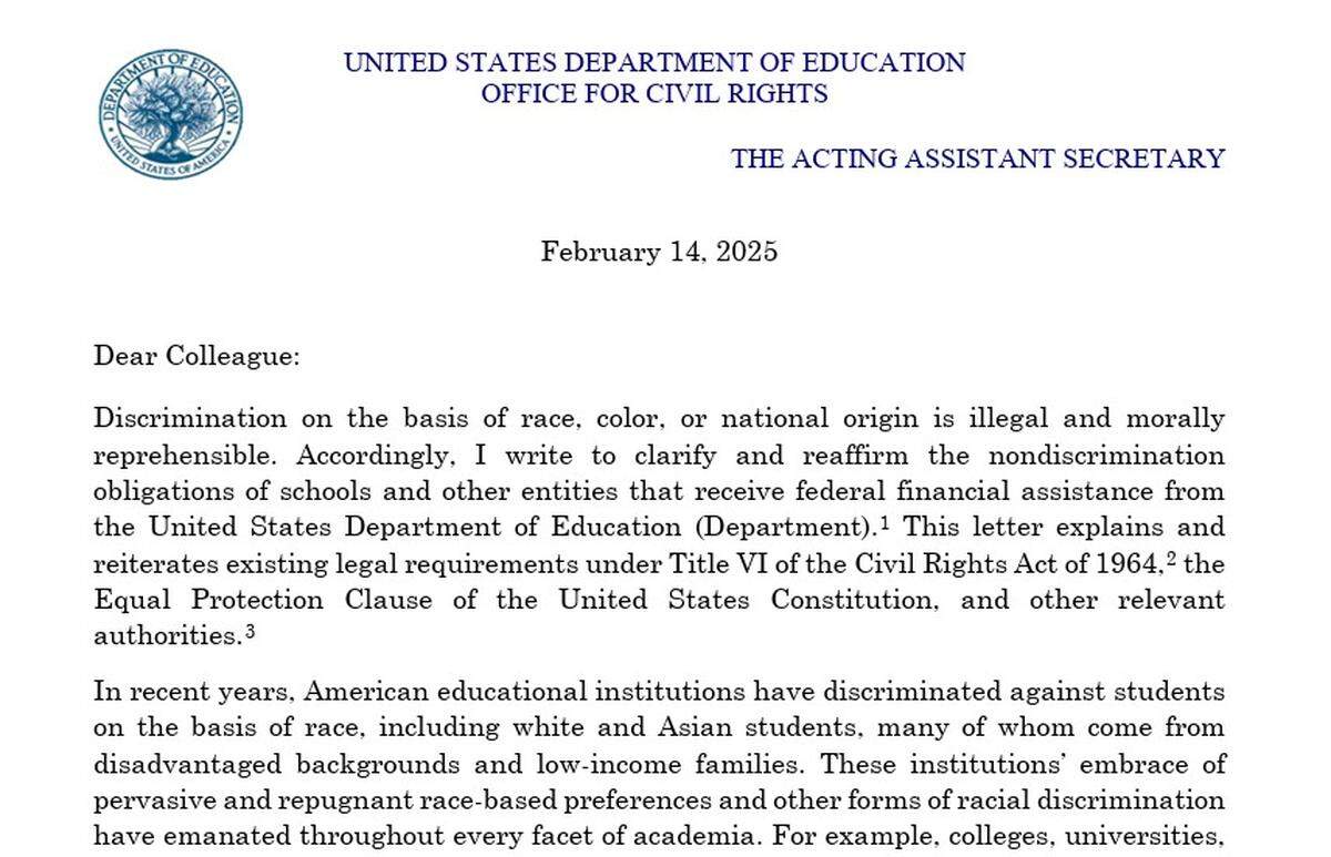 In February, the U.S. Department of Education’s Office of Civil Rights distributed a “Dear Colleague” letter advising universities and colleges that they are violating federal law if they use race in making decisions related to admissions, scholarships, financial aid, housing and nearly all other aspects of student, academic or campus life.