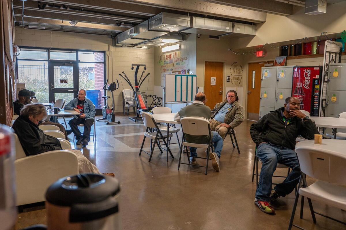 Guests relax in the community recreational room at the L. Minor Care Center on April 25, 2023, in Kansas City.