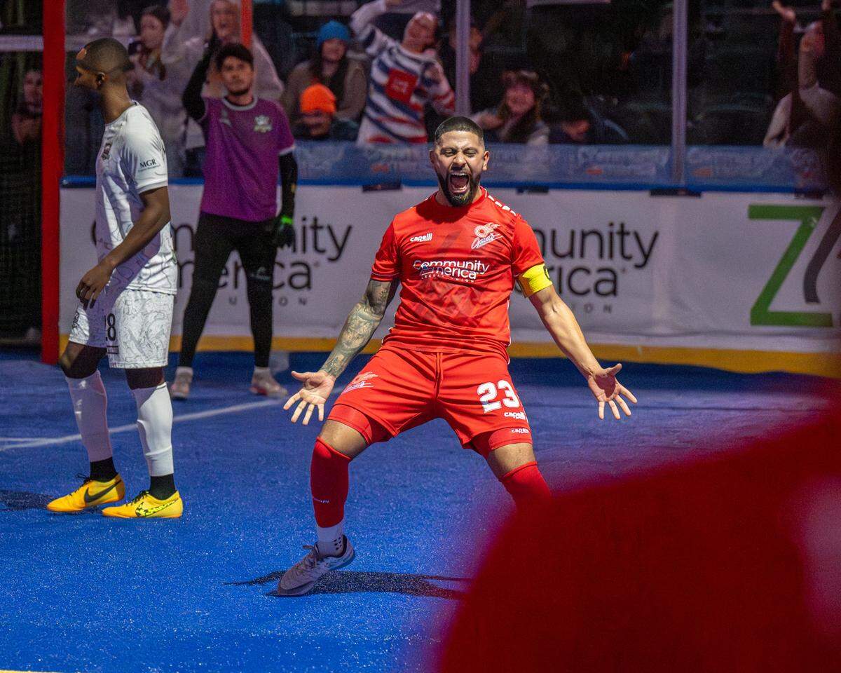 Comets captain Nacho Flores celebrates a goal in front of his family visiting from Chile in January 2025.
