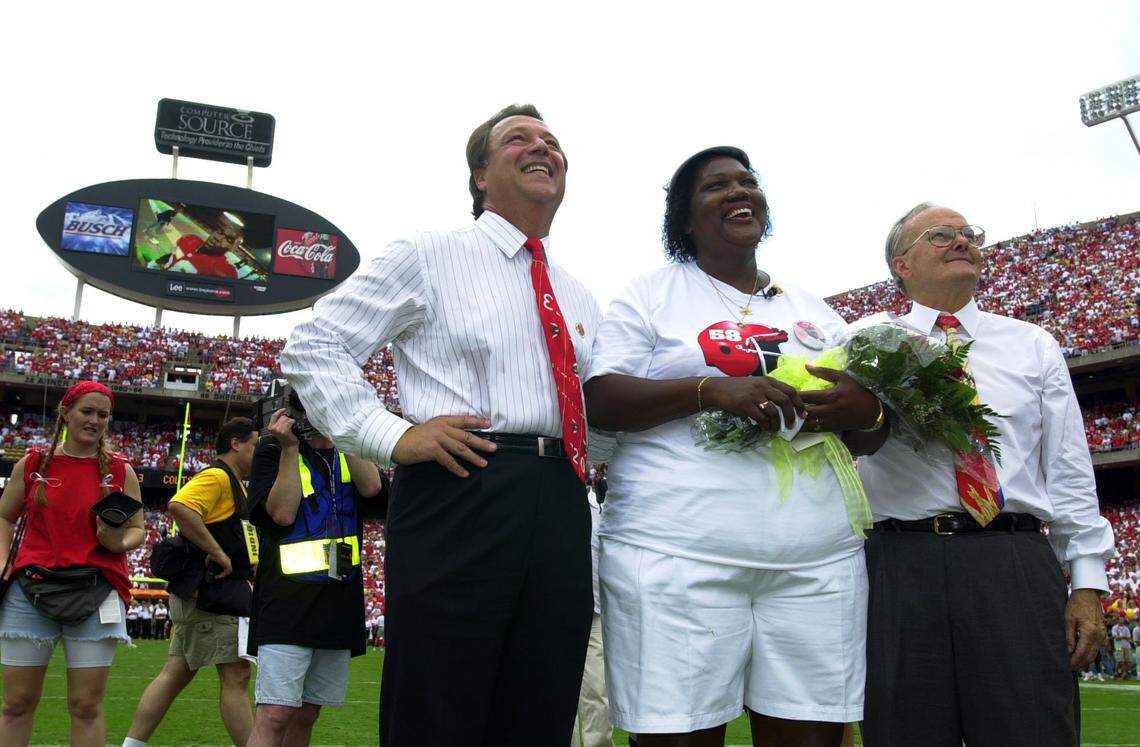 Edith Morgan, mother of Chiefs’ nine-time Pro Bowl linebacker Derrick Thomas, smiled as she watched a video tribute to her son with Chiefs owner Lamar Hunt (right) and general manager Carl Peterson (left) before the start to the Chiefs-Colts game at Arrowhead Stadium in September 2000. The video tribute caused as many smiles as tears for Morgan.