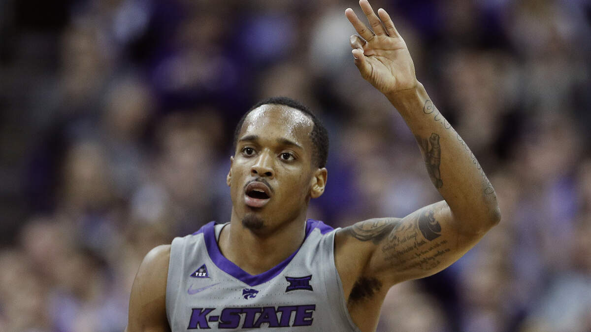 Kansas State’s Barry Brown Jr. celebrates after making a basket during the first half of an NCAA college basketball game against Vanderbilt Saturday, Dec. 22, 2018, at the Sprint Center in Kansas City, Mo. (AP Photo/Charlie Riedel)