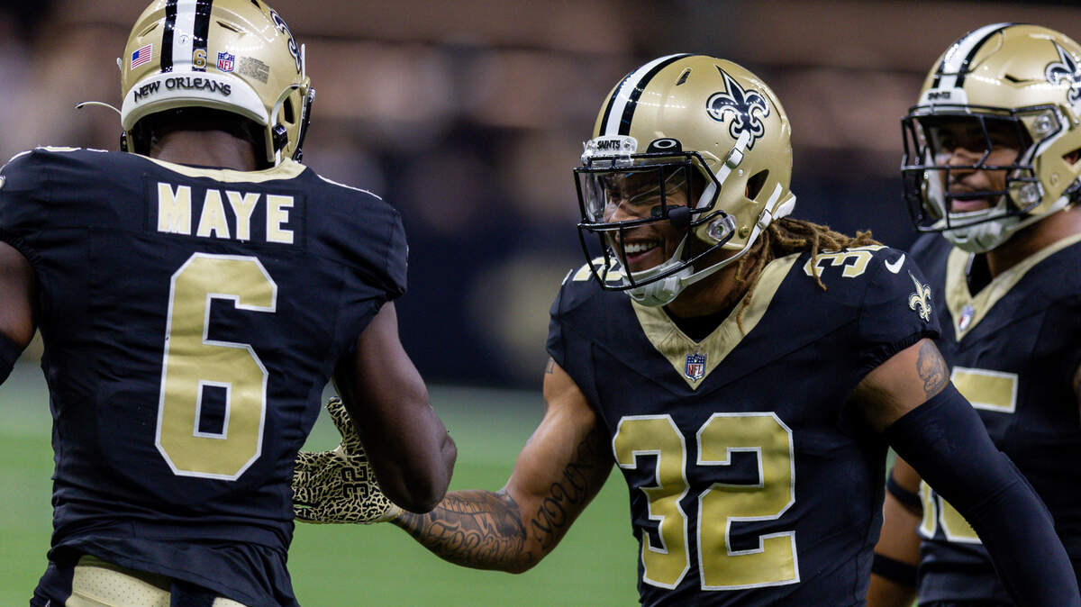 New Orleans Saints safety Tyrann Mathieu (32) celebrates with safety Marcus Maye (6) for stopping a punt at the 4 yard line against the Kansas City Chiefs during the first half at the Caesars Superdome.