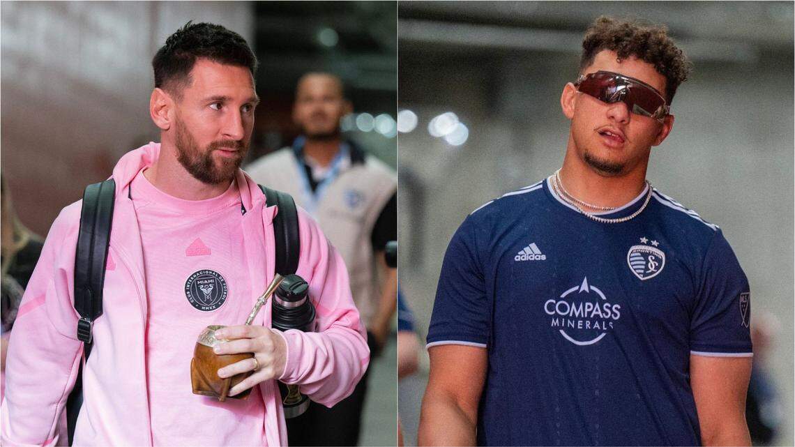 Soccer legend Lionel Messi (left) met Kansas City Chiefs quarterback Patrick Mahomes before a soccer game at GEHA Field at Arrowhead Stadium on April 13, 2024.