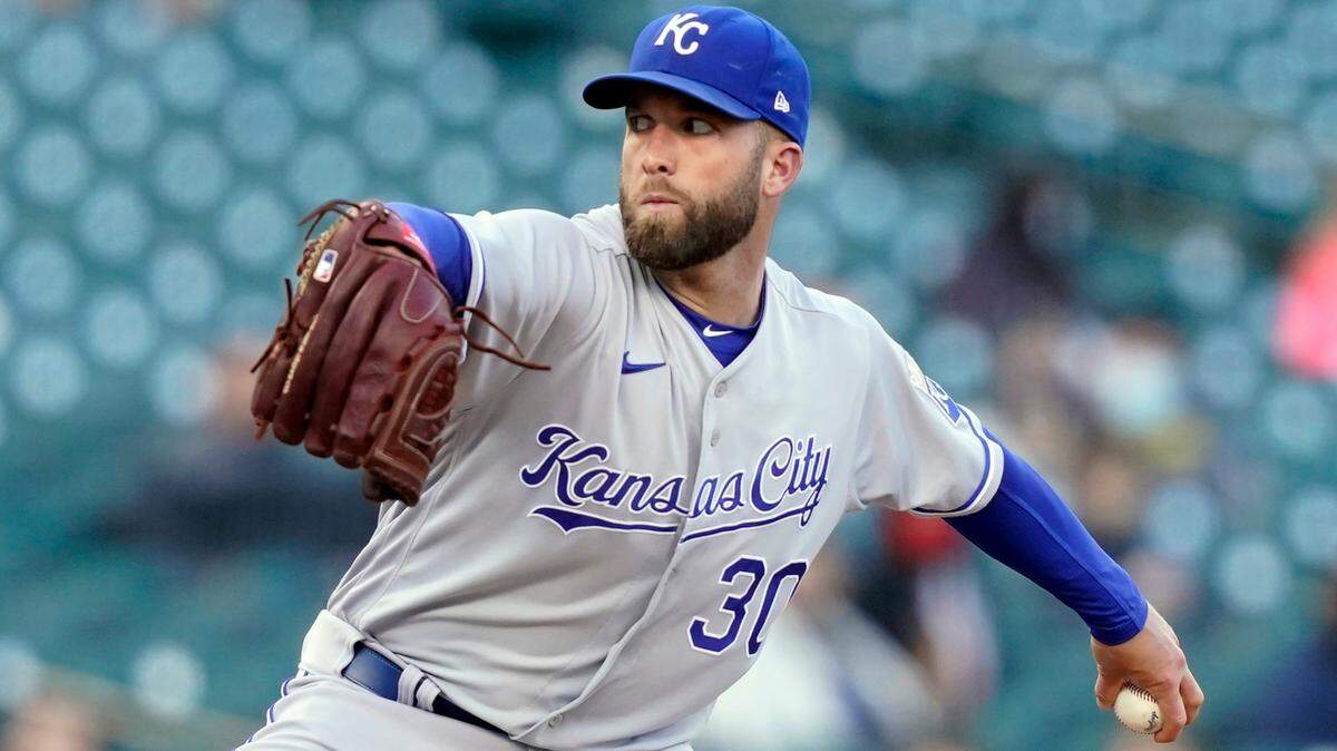 Kansas City Royals starting pitcher Danny Duffy throws during the second inning of a baseball game against the Detroit Tigers, Wednesday, May 12, 2021, in Detroit. (AP Photo/Carlos Osorio)