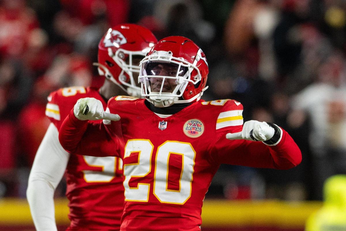 Kansas City Chiefs safety Justin Reid (20) celebrates a pass break up in the second half of the Chiefs AFC Divisional Round playoff game vs. the Houston Texans on Saturday, Jan. 18, 2025, at GEHA Field at Arrowhead Stadium.