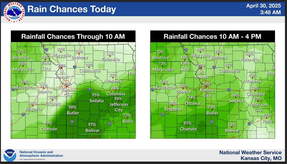 More rain is expected in the Kansas City area on Wednesday as isolated showers and thunderstorms persist throughout the day, according to the National Weather Service. The stronger storms are expected to be east of the metro.