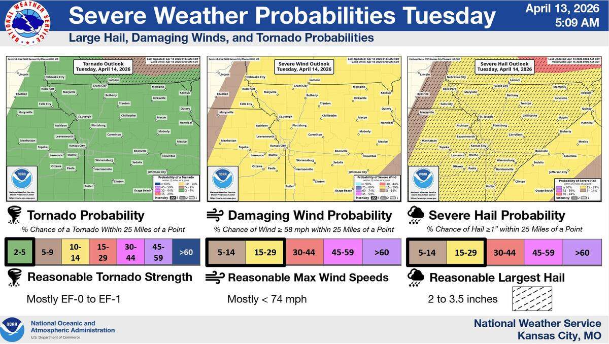 Strong to severe storms could sweep through the area Tuesday evening and night, with damaging winds and large hail the primary threats, although a tornado cannot be ruled out, according to the National Weather Service.