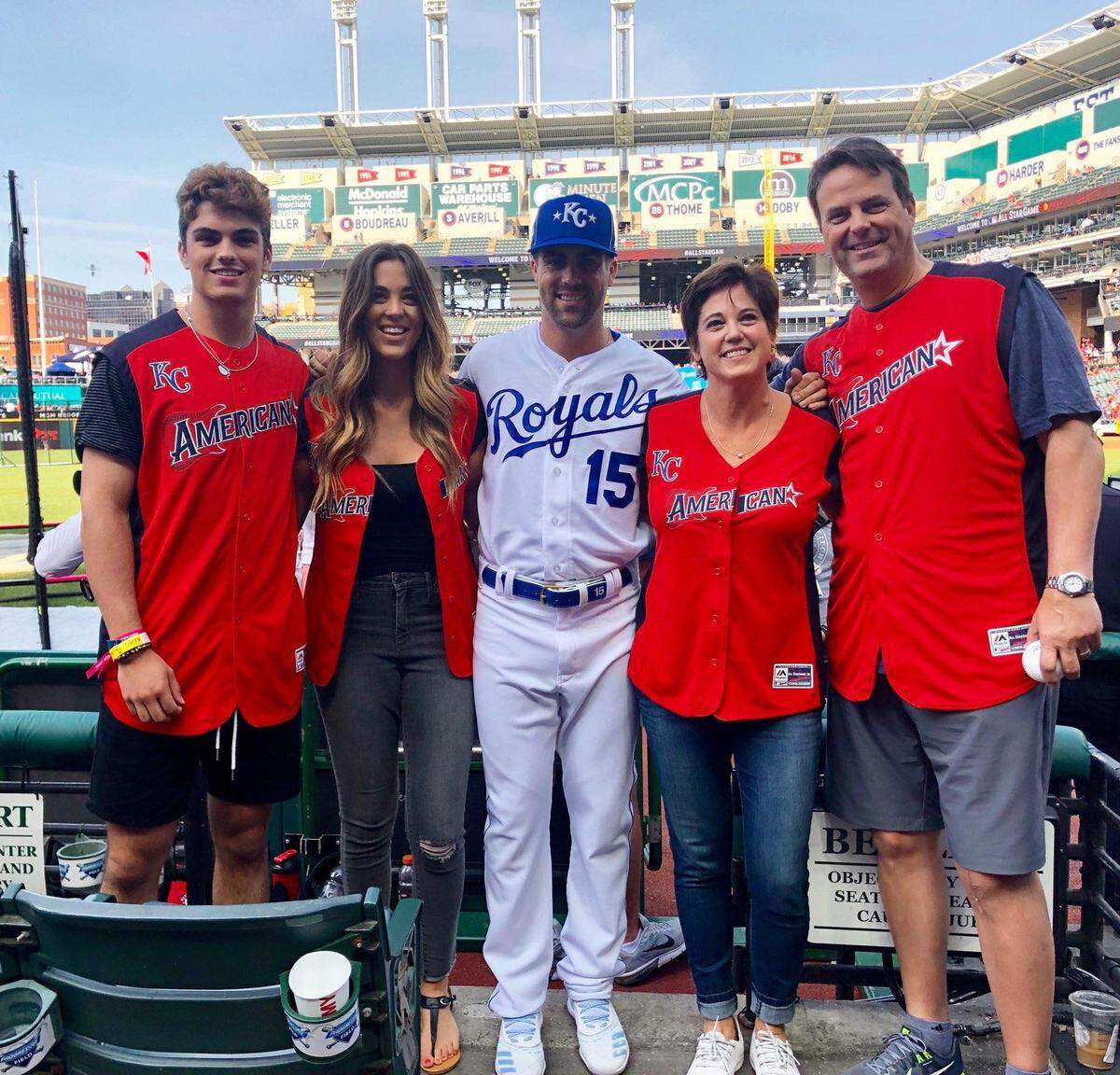 From left to right, Hite Merrifield, Costner Merrifield, Royals outfielder Whit Merrifield, Kissy Merrifield and Bill Merrifield prior to the Major League Baseball All-Star Game at Progressive Field in Cleveland, Ohio, on July 9, 2019. Whit Merrifield celebrated his first All-Star Game appearance with his siblings and parents.