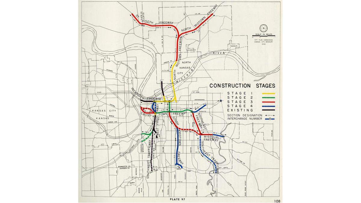 Map showing construction phases for the Downtown Loop from Cookinham’s report, 1951. 
