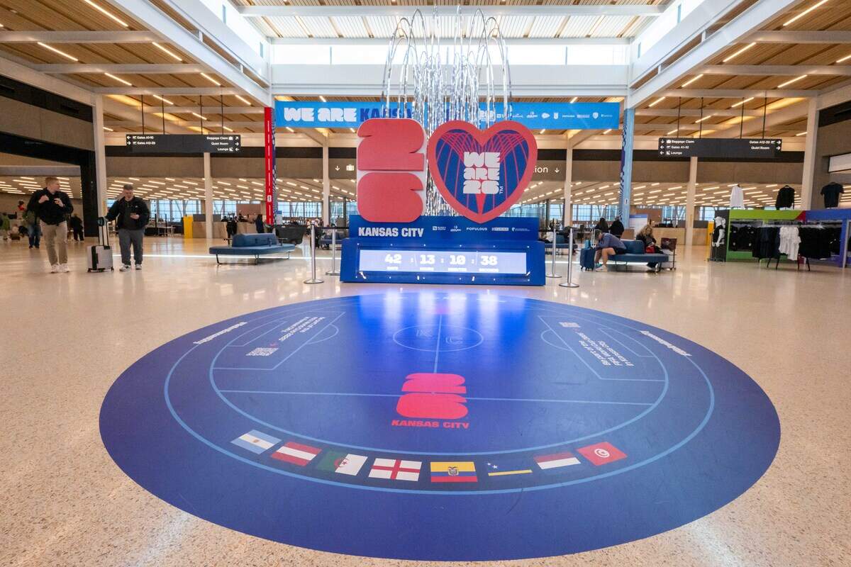 The World Cup 2026 countdown clock at Kansas City International Airport.