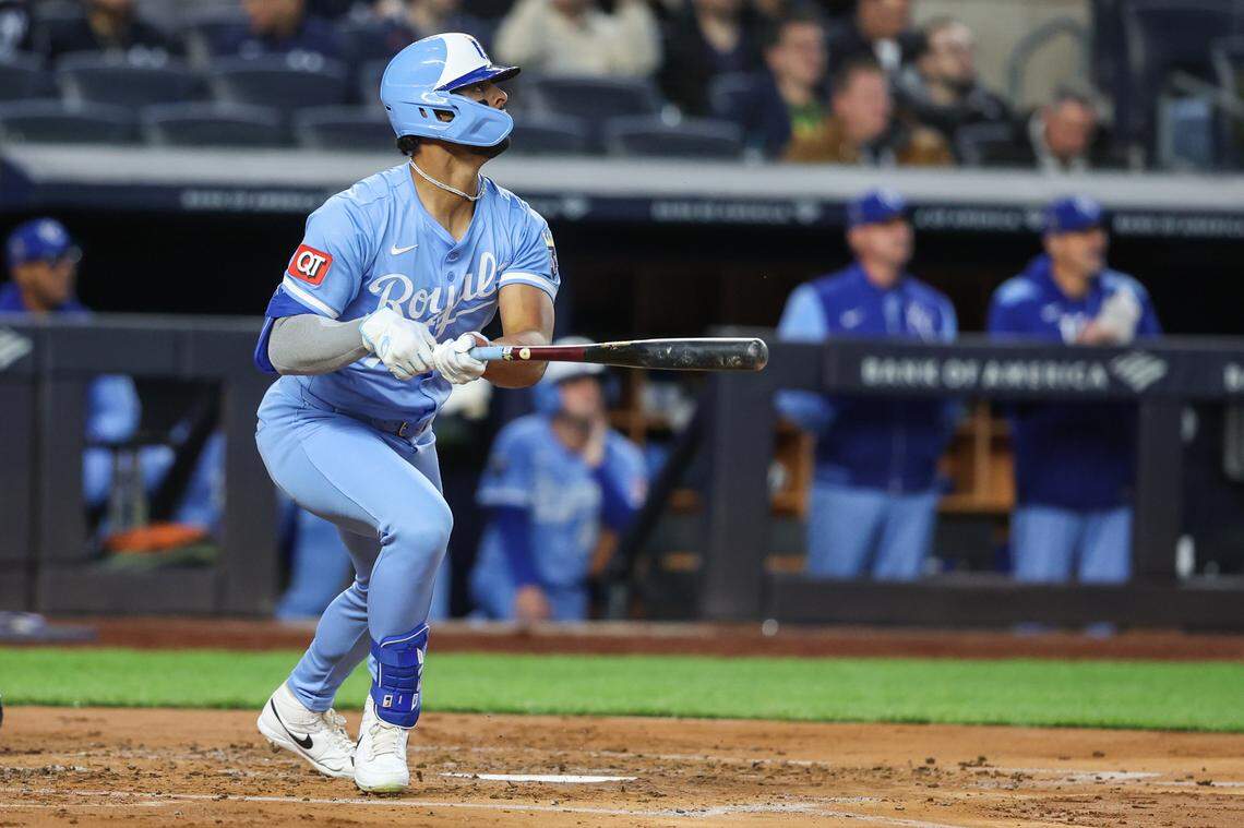 Kansas City Royals left fielder MJ Melendez hits a solo home run in the third inning against the New York Yankees at Yankee Stadium on April 15, 2025. All players wore No. 42 for Jackie Robinson Day.