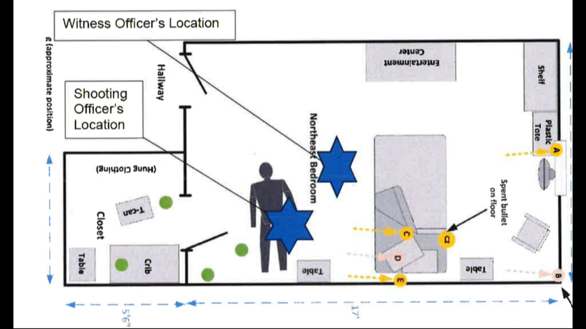 The Jackson County prosecutor’s office supplied a diagram showing the location of two Independence police officers in an apartment in a November shooting that took the lives of Maria Pike, 34, and her three-month-old daughter Destinii.