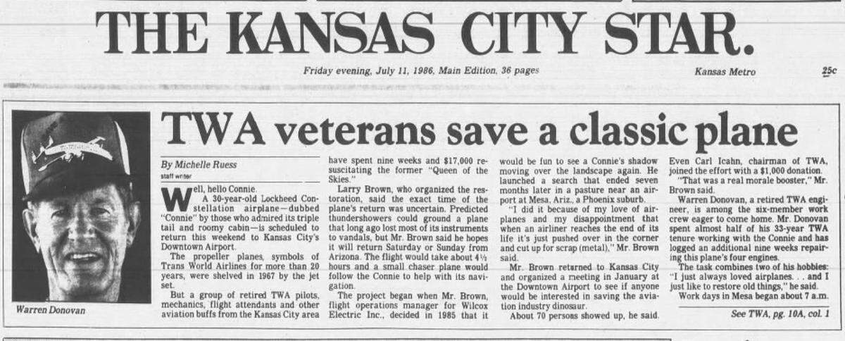 The Kansas City Star announces the arrival of the Constellation at Downtown Airport in July 1986.