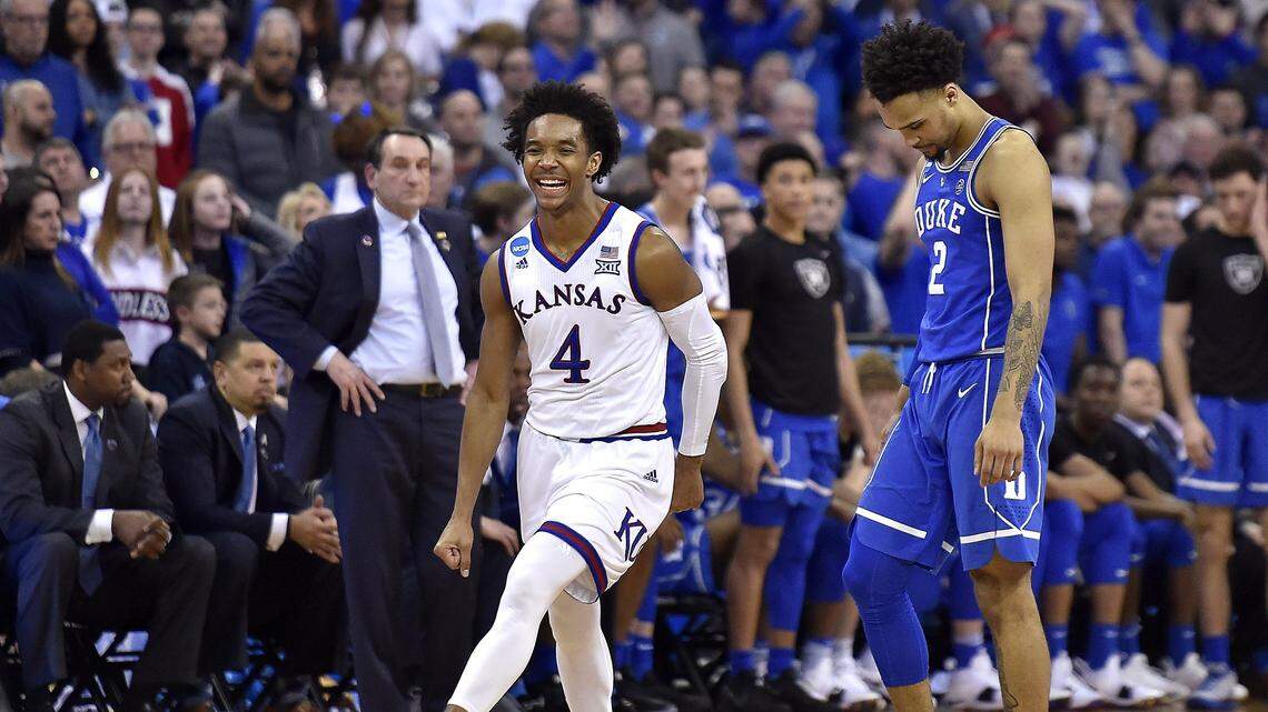 Kansas point guard Devonté Graham had much to celebrate when the Jayhawks knocked Duke out of the NCAA in an Elite Eight game in Omaha on Sunday.