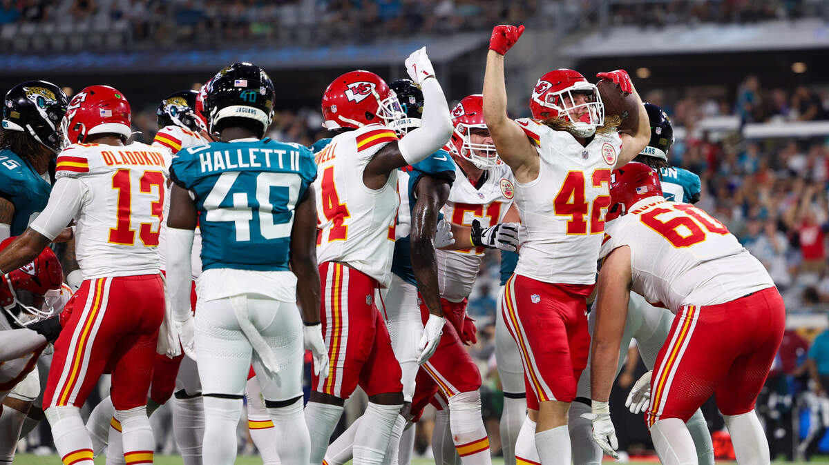 Kansas City Chiefs running back Carson Steele (42) celebrates after scoring a touchdown against the Jacksonville Jaguars in the second quarter during preseason at EverBank Stadium on Aug. 10, 2024.