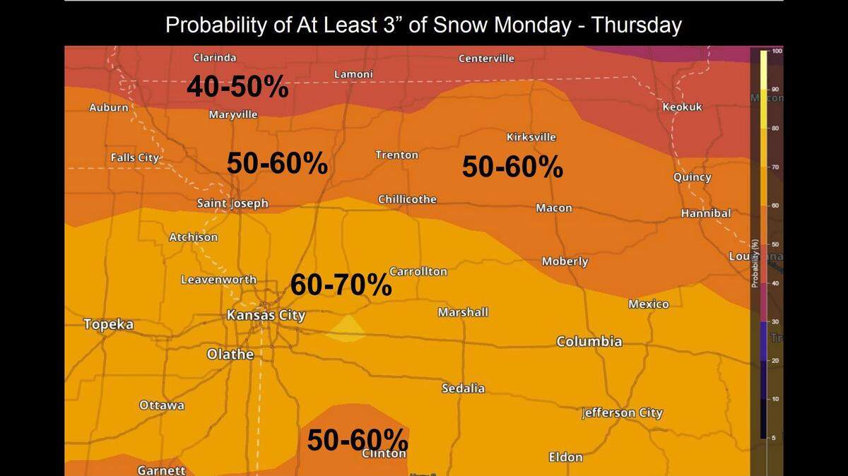 A pair of snowstorms could bring accumulating snow to the Kansas City area next week, according to the National Weather Service. The first storm will arrive Monday and the second overnight Tuesday. Although snow totals are still uncertain, at least 2 to 3 inches of snowfall is possible. Projected snowfall totals will likely change. This forecast was prepared Friday morning.