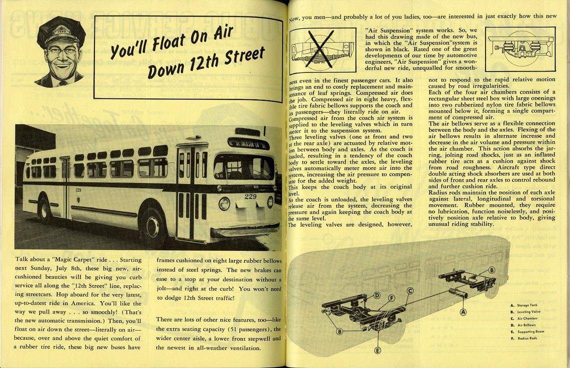 Pages from the June 30, 1956, edition of Public Service News, the newsletter printed by the Kansas City Public Service Company, describing the modern comforts of new buses.
