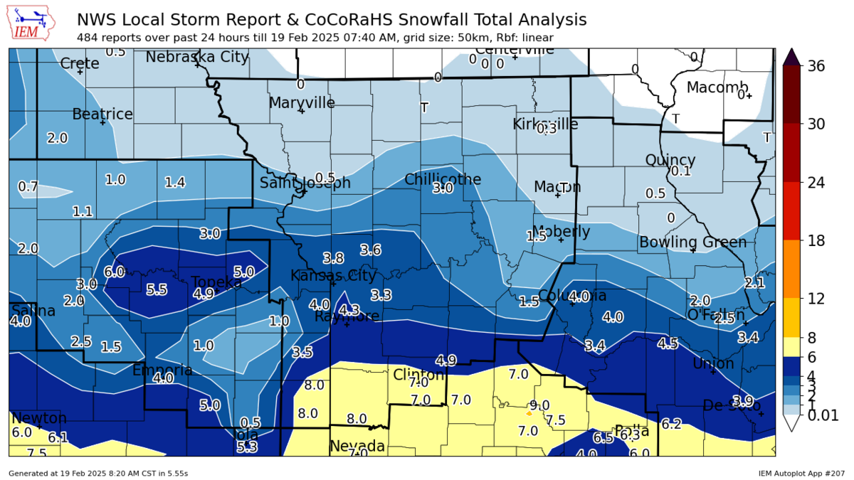 A winter storm that moved through the Kansas City region blanketed the metro with several inches of snow. According to the National Weather Service, the official storm total is 3.2 inches of snow, which was observed at Kansas City International Airport. Here’s a look at snowfall totals reported to the weather service as of 7:40 a.m. Wednesday.