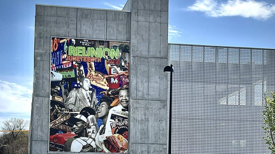 The banner entitiled “Reunion Project,” was created by Michael Toombs, who designed the banner as a collage of imagery tied to the district and the broader Black experience in Kansas City.