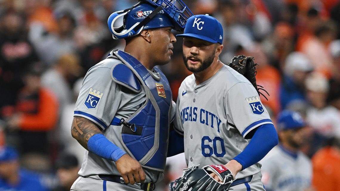Kansas City Royals pitcher Lucas Erceg (60) and catcher Salvador Perez (13) celebrate after defeating the Baltimore Orioles in Game 1 of the Wild Card round at Oriole Park at Camden Yards on Oct. 1, 2024.