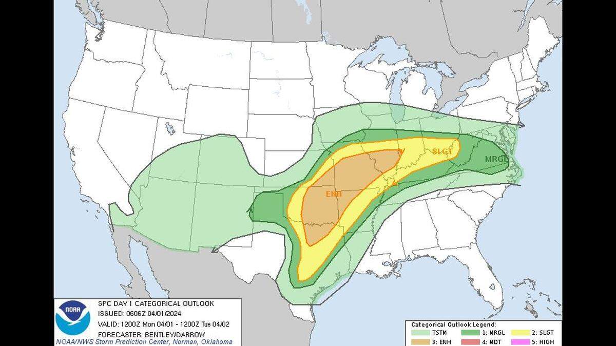 A broad portion of the middle part of the United States faces the possibility of dangerous storms on Monday, according to the National Weather Service’s Storm Prediction Center. In the Kansas City area, the severe weather could bring hail, damaging winds and isolated tornadoes.