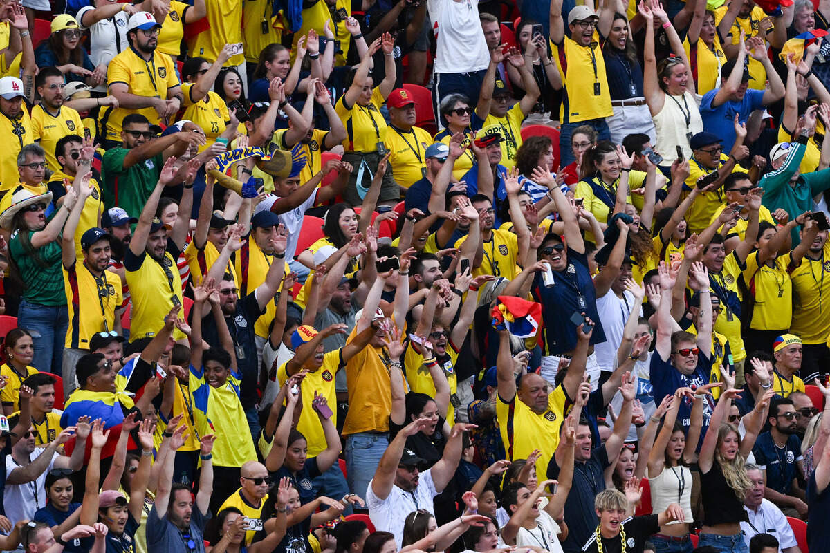 Kansas City (Arrowhead) Stadium is filled with a sea of yellow-clad Ecuadorian fans at the Ecuador vs. Curaçao FIFA World Cup group-stage soccer match in Kansas City on Saturday, June 20, 2026.
