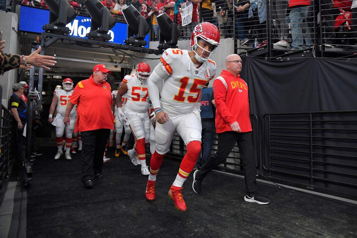 Kansas City Chiefs quarterback Patrick Mahomes takes the field before the start of an NFL football game between the Las Vegas Raiders and Kansas City Chiefs Saturday, Jan. 7, 2023, in Las Vegas.