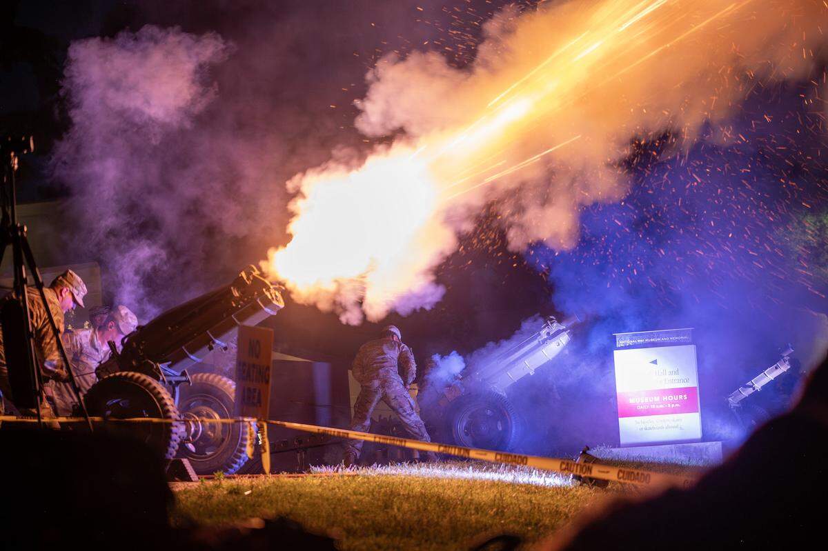 Cannons are fired on the North Lawn of the National WWI Museum and Memorial during the Kansas City Symphony's annual Celebration at the Station concert on Sunday, May 24, 2026, at Union Station in Kansas City.