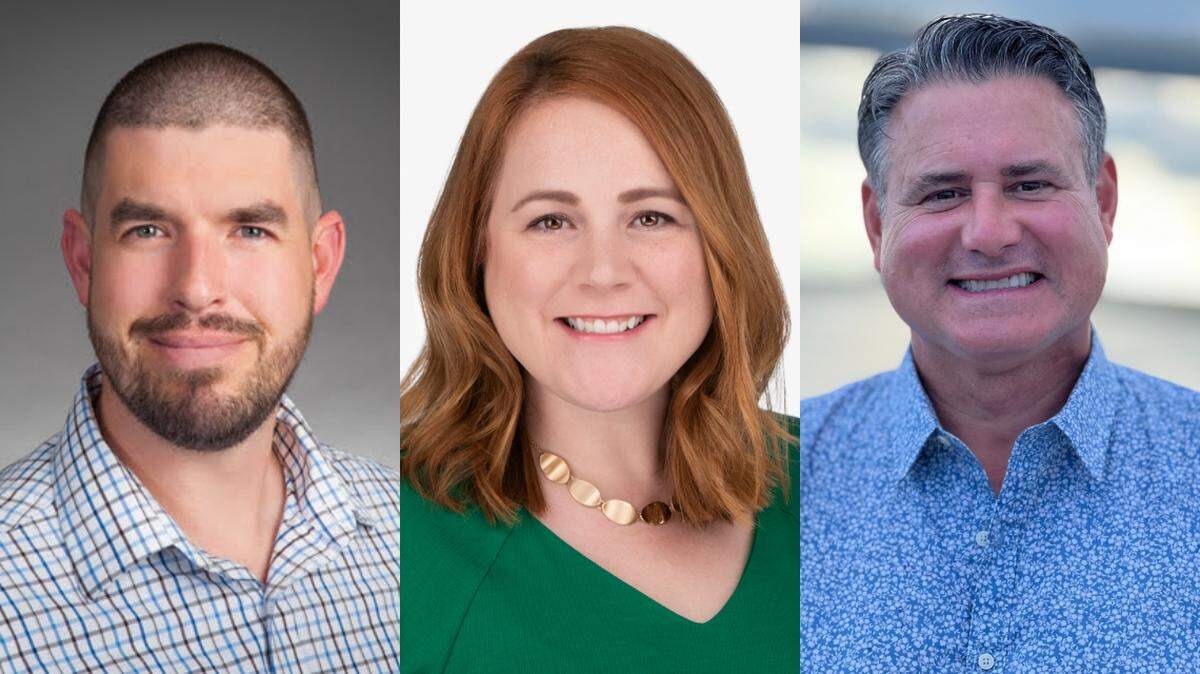 On Aug. 1, five candidates are on the ballot running for an at-large Olathe school board seat, but only three are campaigning. They are, from left, Will Babbit, Jennifer Gilmore and Troy Snyder.